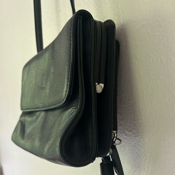 Vintage fossil leather crossbody pockets multi compartment Y2K minimalist black - Picture 4 of 16